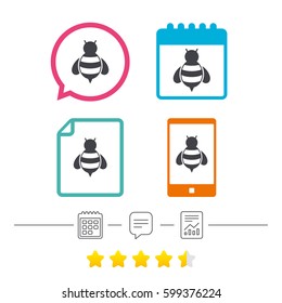 Bee sign icon. Honeybee or apis with wings symbol. Flying insect. Calendar, chat speech bubble and report linear icons. Star vote ranking. Vector