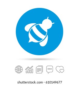 Bee sign icon. Honeybee or apis with wings symbol. Flying insect diagonal. Copy files, chat speech bubble and chart web icons. Vector
