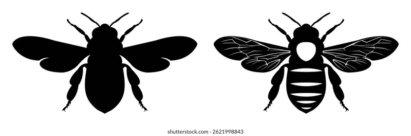 Bee Silhouette Illustration Set of Two Bees on white background
