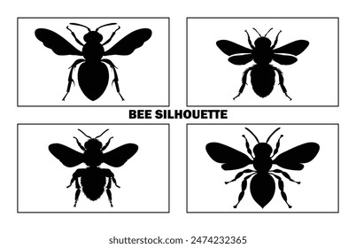 Bee Silhouette isolated black on white background Vector Illustration, Honey Bee Icon, Honey bee insect silhouette.