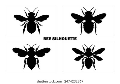 Bee Silhouette isolated black on white background Vector Illustration, Honey Bee Icon, Honey bee insect silhouette.