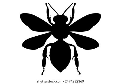 Bee Silhouette isolated black on white background Vector Illustration, Honey Bee Icon, Honey bee insect silhouette.