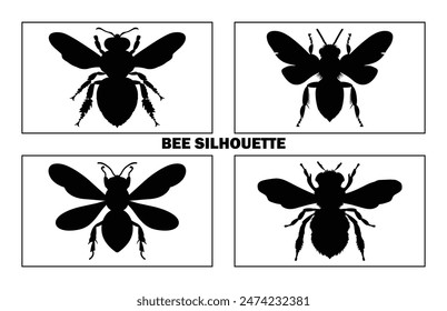 Bee Silhouette isolated black on white background Vector Illustration, Honey Bee Icon, Honey bee insect silhouette.