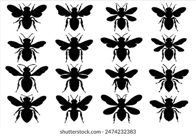 Bee Silhouette isolated black on white background Vector Illustration, Honey Bee Icon, Honey bee insect silhouette.