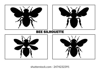 Bee Silhouette isolated black on white background Vector Illustration, Honey Bee Icon, Honey bee insect silhouette.