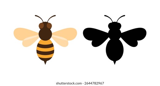 Silueta de abeja y abeja aislada sobre fondo blanco