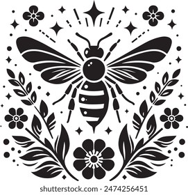 Bee silhouette vector art with floral white background