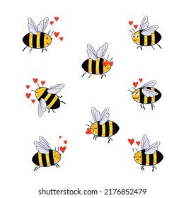 Bee simple drawing set. Love eyes hearts emoticons. bee icon. Symbol of honey production, healthy natural nutrition. Vector illustration isolated on a white background.