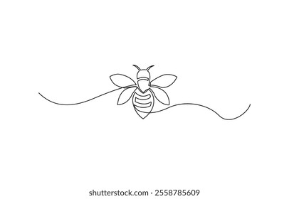 Bee single line art, continuous one line drawing of Isolated outline vector art, One Continuous Line Drawing of Bee Icon, One line drawing of flying bee.