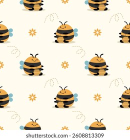 Bee sit cartoon so cute. On honeycomb flower background. Pattern seamless vector illustration. 