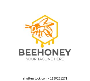 Bee sits in honeycomb and dripping honey drops, logo design. Beekeeping, apiary and agriculture, farming, vector design. House insect, animal world and nature, illustration