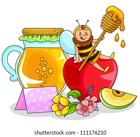 bee sitting on an apple next to a honey jar (symbols of the jewish new year). JPEG available in my gallery.