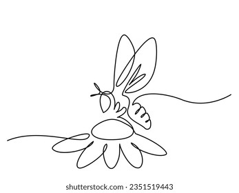 Bee sitting on flower. Continuous one line art drawing meadow. Vector illustration