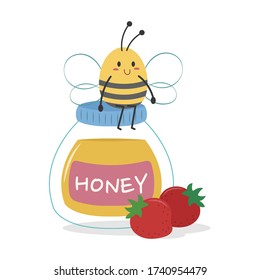 A bee sitting on honey bottle vector illustration cartoon isolated on white background. Cute honey bee and honey and strawberry vector cartoon. 