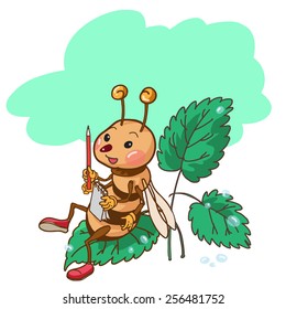 Bee sitting on the Mint Leaf. Children illustration for School books, magazines, advertising and more. Separate Objects. VECTOR.