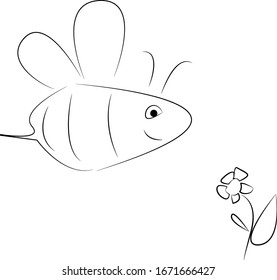 bee. sketch of a flying bee near a flower.Hand- drawn doodles for coloring books, holiday invitations, postcards, cafe menus and web design.Vector.