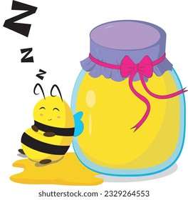 
bee sleeping next to a honey pot