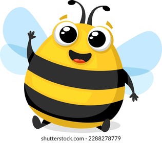 Bee smiles and waves close-up on a white background. Character