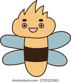 Abeja con cara sonriente, ala ovalada, raya audaz y contorno redondeado en un aspecto de dibujos animados limpio. Símbolo de alegría, naturaleza, primavera, polinización y diversión infantil. Ilustración vectorial de dibujos animados.