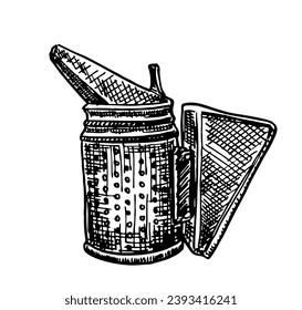 Bee smoker. Smoker for bees hand drawn illustration in sketch style. Chimney for flashing bees used to calm bees before frame removal. Isolated vector.