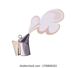 Bee smoker flat vector illustration. Beekeeping device for calming bees isolated clipart on white background. Fumigation honeybees technology. Apiarist instrument. Apiculture tool for honey production