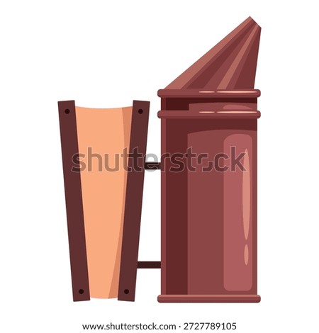 Bee smoker and frame leaning against white background, representing beekeeping tools and equipment