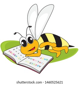 bee and spelling book, vector humorous illustration. A bee lies next to a book on a green leaf.