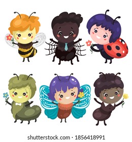 Bee, spider, lady bug, caterpillar, butterfly, ant - vector illustrations of little cartoon characters