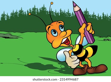 A Bee Standing on the Ground Holds a Crayon in her Hand - Colored Cartoon Illustration with Background, Vector