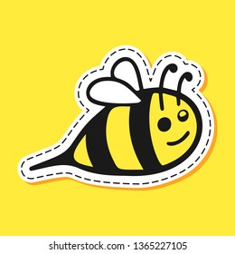 Bee sticker cartoon emoji character hand draw. Logo, element, background, textile. Smile, wink, joy