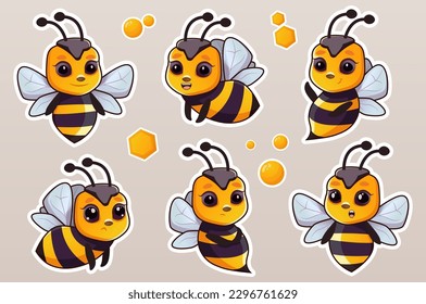 Bee sticker set. This illustration is a set of bee stickers designed in a flat, cartoon style. Vector illustration.