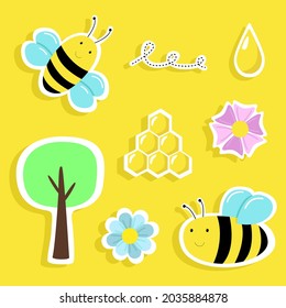 Bee stickers pack. Vector graphics, EPS 10. Trees, honeycombs, flowers, honey. Design for notebooks, stickers, notebooks, books, vep sites.