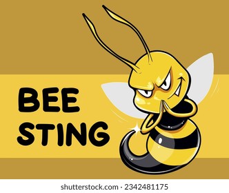 Bee sting. Funny cartoon bee character. Evil funny smiling bee. Vector illustration.