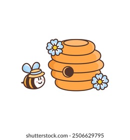 Сute bee in straw hat and beehive house decorated with blue flowers. Funny smiling honeybee cartoon character. Colored vector illustration