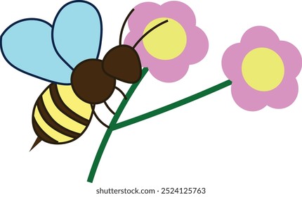 Una abeja con un pantalón de rayas y una picadura aguda se sienta en las flores de color rosa, fácil de editar, Vector de stock