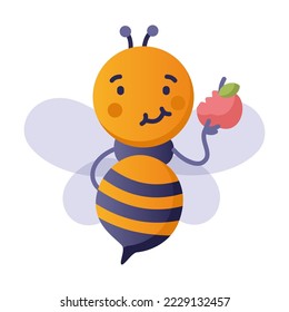 Bee student eats apple at school break. Back to school. Vector illustration of smart bee student. Education concept