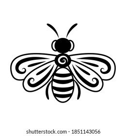 Bee stylized black line drawing with ornate elements. Logo. Label. The isolated object on a white background. Stock vector illustration. Insect.