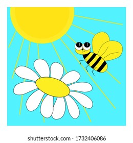 bee, sun and chamomile flower on a blue background
