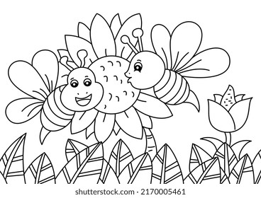 Bee Sunflower Cute Coloring Page Kids Stock Vector (Royalty Free
