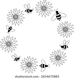 Bee and sunflower Frame circle round template. Vector graphic line illustration. Banner, poster, wrapping paper, sticker, print, modern textile design. For logo, web, package, sticker.
