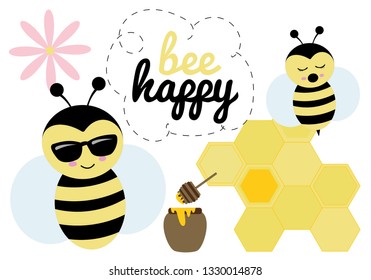 Bee with sunglasses, bee yawning, honeycomb, honey jar, pink flower, vector illustration
