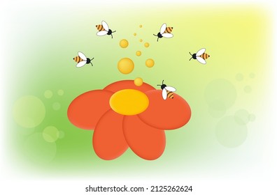 Bee swarm and flower. Flight of insects, collection of honey, sweet nectar. Label design banner or poster for apiary. Beekeeping concept. Ecology, nature and environment. Vector illustration