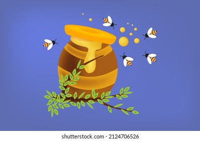 Bee swarm and jar of honey. Sweet nectar in a container. Insects or wasps fly around the pot of yellow syrup. Apiary product, label for banner or poster design. Beekeeping concept. Vector illustration