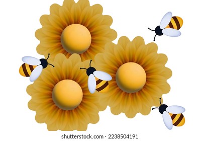 Bee swarm on flowers. A family of insects collects nectar in the apiary, in the garden, a field of sunflowers. Meadow of yellow daisies with wild wasps close-up. The concept of joint work. Vector 3d. 