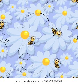 Bee swarm. Vector chamomile background. Bees in a camomile meadow. Bee meadow. Cute cartoon character. Seamless pattern. Design for childrens textiles. Vector illustration