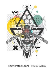 Bee, Symbol of freedom, flight. Wasp tattoo. Zine culture concept. Hand drawn vector glitch, contemporary  cyberpunk collage. Vaporwave art. Surreal pop culture style 