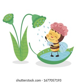Bee taking shower under the flower on white isolated background. Vector bee is bathing with soap children character design illustration