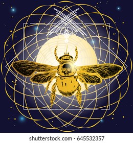 Bee tattoo art. Hand drawn sketch of bumblebee. Print fabric design. Linear decoration. Mystical symbols of Ra Egyptian sun god, represents vision, creativity and wisdom. Vector.
