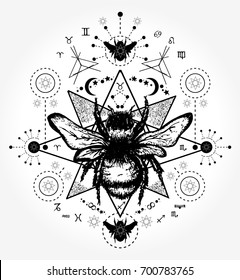 Bee tattoo art. Hand drawn sketch of bumblebee, mystical and esoteric  symbols 