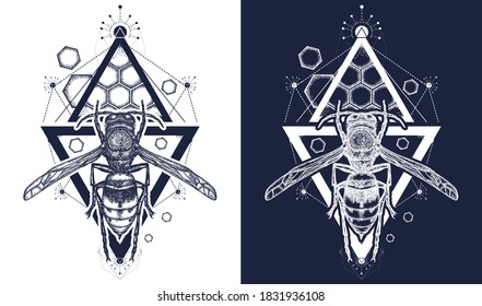 Bee tattoo. Symbol of freedom, flight. Wasp t-shirt design. Black and white vector graphics 